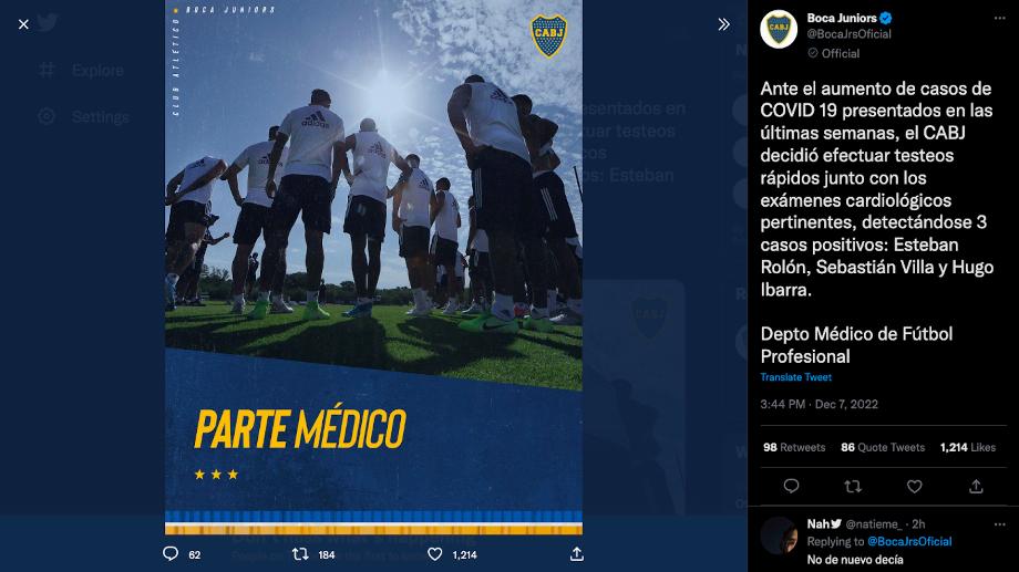 Confirmation de l'épidémie de covid-19 à Boca Juniors ce mercredi 7 décembre / (Twitter : @BocaJrsOficial)