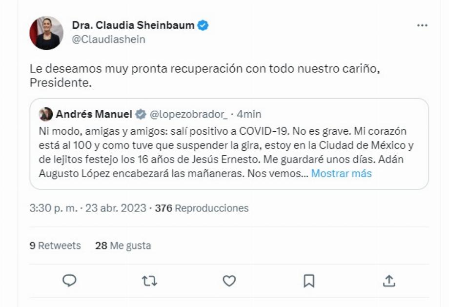 Claudia Sheinbaum a envoyé un message à López Obrador après avoir confirmé son infection par COVID-19 (Twitter/@Claudiashein)
