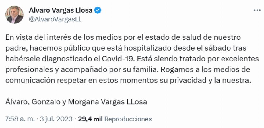 Les enfants de Mario Vargas Llosa rendent compte de l'état de santé de la lettre.