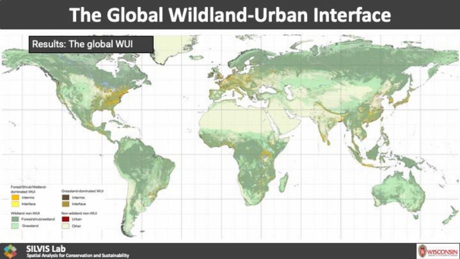 Les scientifiques ont produit la première carte au monde des zones d'interface entre les zones sauvages et urbaines. Là, les établissements humains et la nature se rencontrent, et des fuites d'agents pathogènes d'autres espèces vers l'homme pourraient se produire (Université du Wisconsin-Madison, Laboratoire SILVIS)