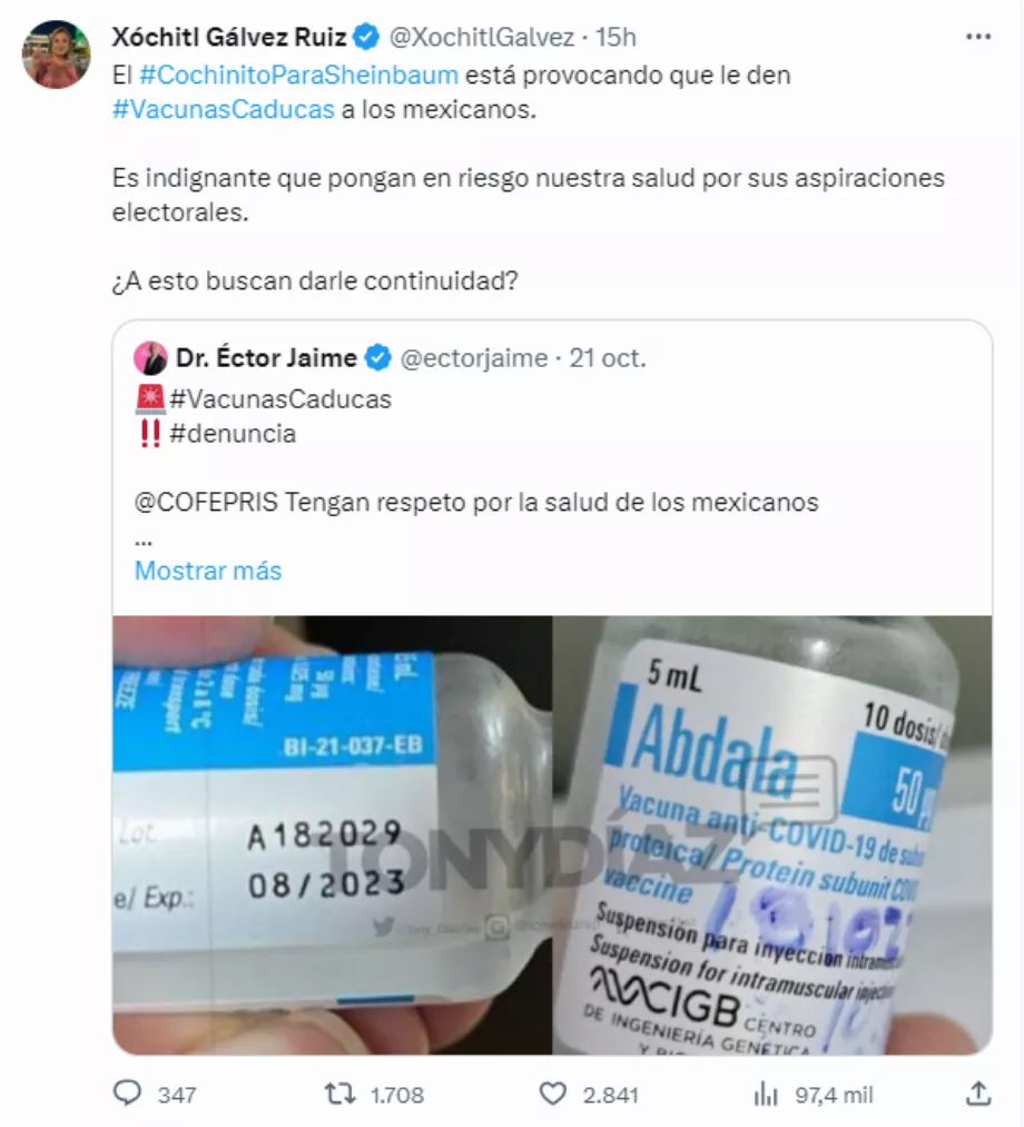 Xóchitl Gálvez accuse que les vaccins Abdala périmés soient la faute d'une mauvaise utilisation des ressources publiques par l'administration actuelle (Capture d'écran)
