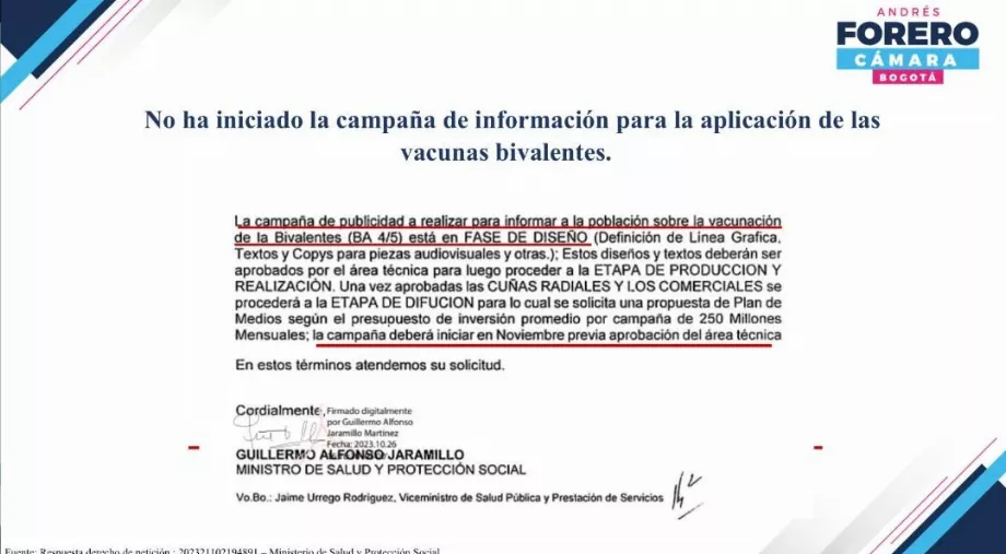 Réponse du MinSalud à la plainte d'Andrés Forero concernant la campagne de vaccination bovalente - crédit @AForeroM