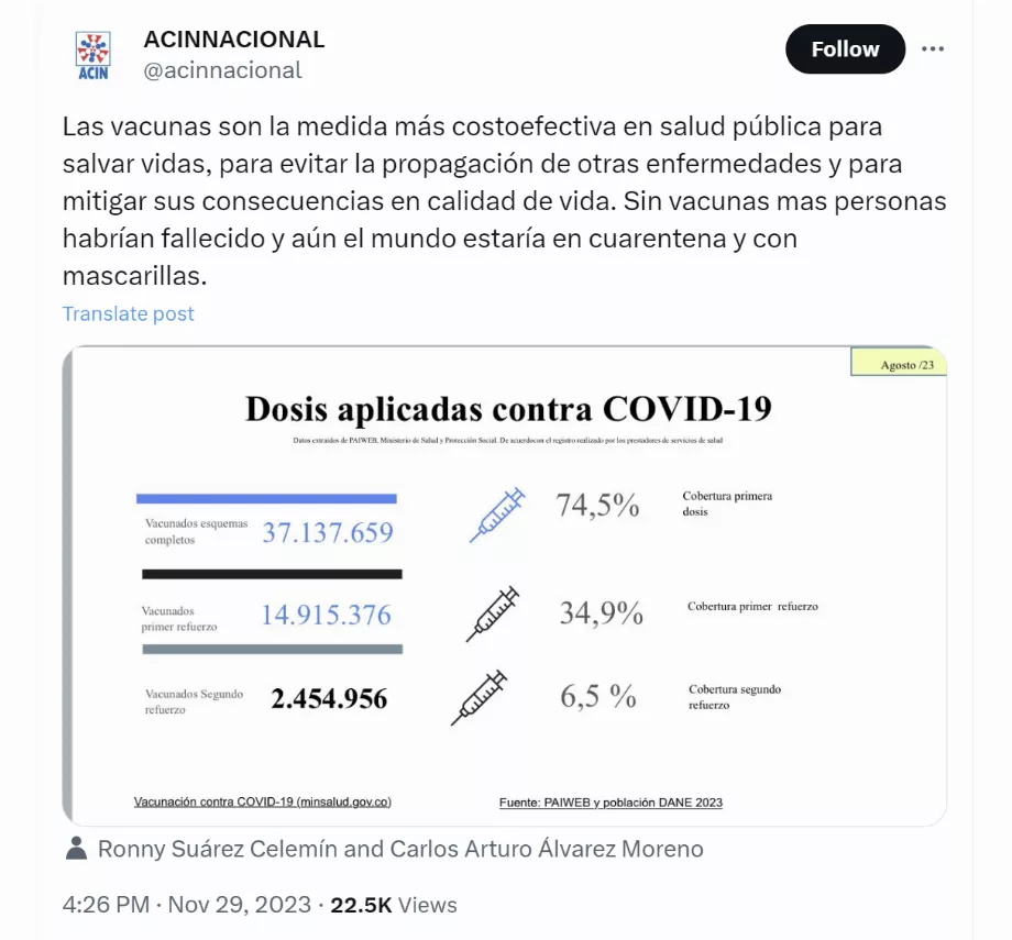 L'Association Colombienne des Maladies Infectieuses a révélé des données sur la vaccination contre le covid-19 en Colombie et a souligné l'importance de cela pour sauver des vies et reprendre les activités quotidiennes - crédit @acinnacional/X