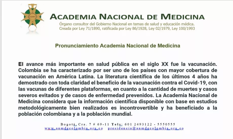 L'Académie nationale de médecine a défendu la vaccination contre le covid-19 réalisée en Colombie - crédit @ANM_Colombia/X