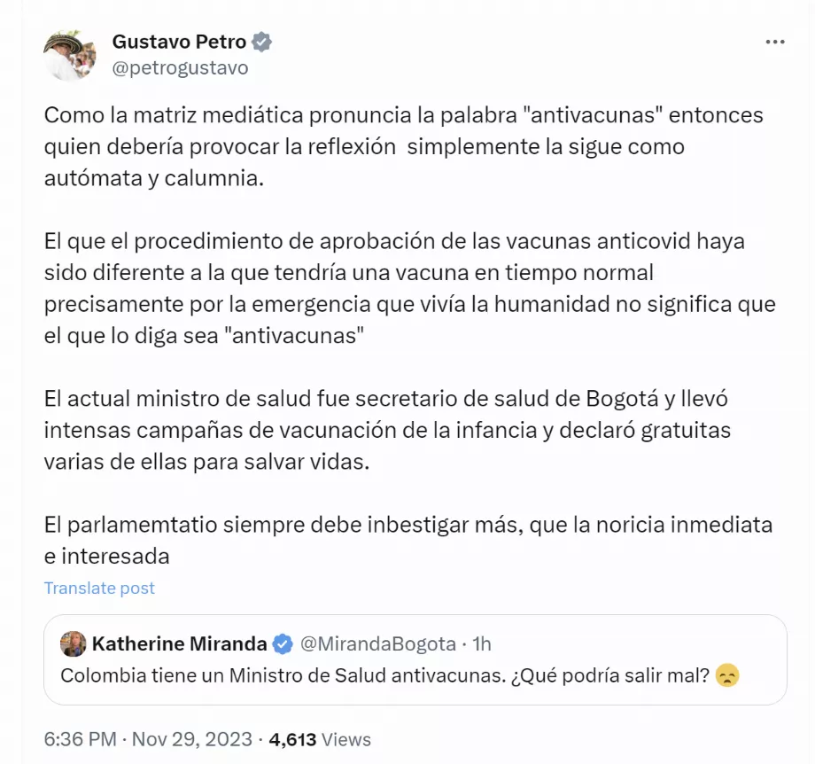 Gustavo Petro a défendu Guillermo Jaramillo pour ses déclarations contre la fourniture de vaccins covid-19 - crédit @petrogustavo/X