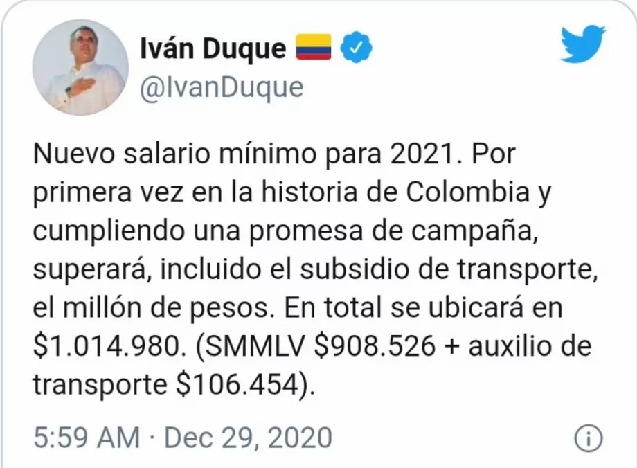 Iván Duque a annoncé l'augmentation du salaire minimum pour 2021 via X (anciennement Twitter) - crédit @IvanDuque/X