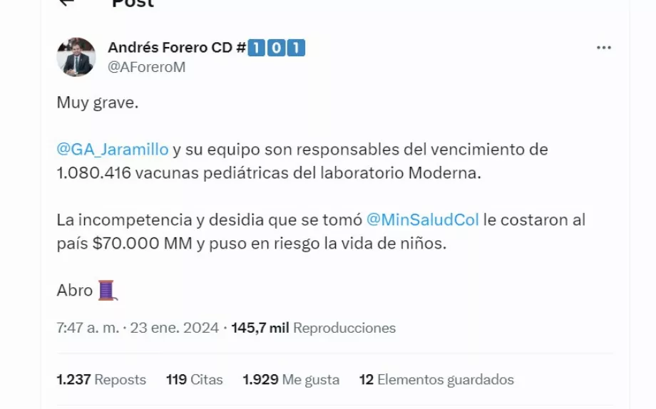 Andrés Forero a dénoncé l'expiration des vaccins pédiatriques contre le covid-19 - crédit @AForeroM/X