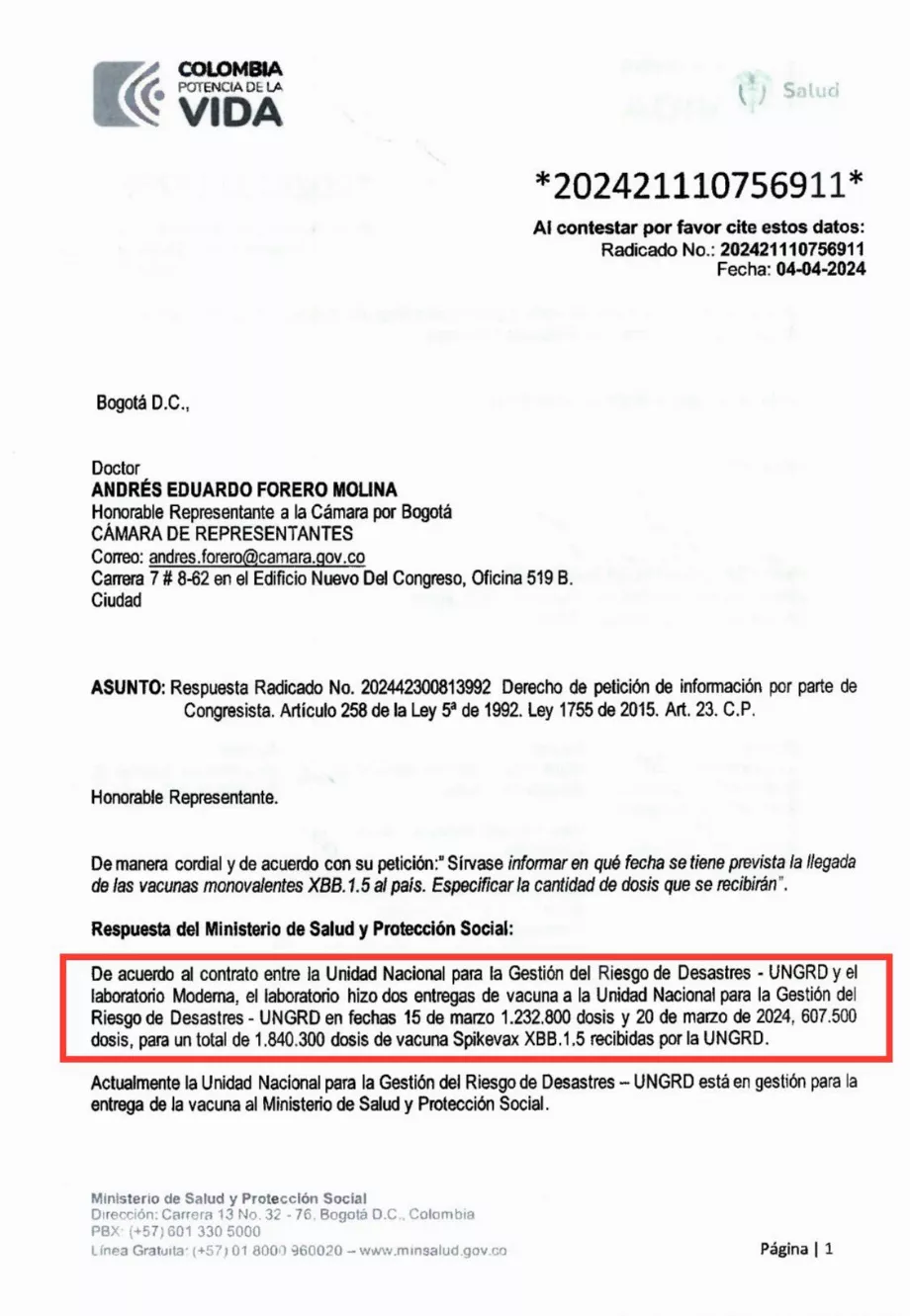 Andrés Forero a dénoncé le fait que les vaccins monovalents contre le Covid 19 n'ont pas été distribués par le gouvernement, bien qu'ils soient arrivés en mars 2024 - crédit @AForeroM/X